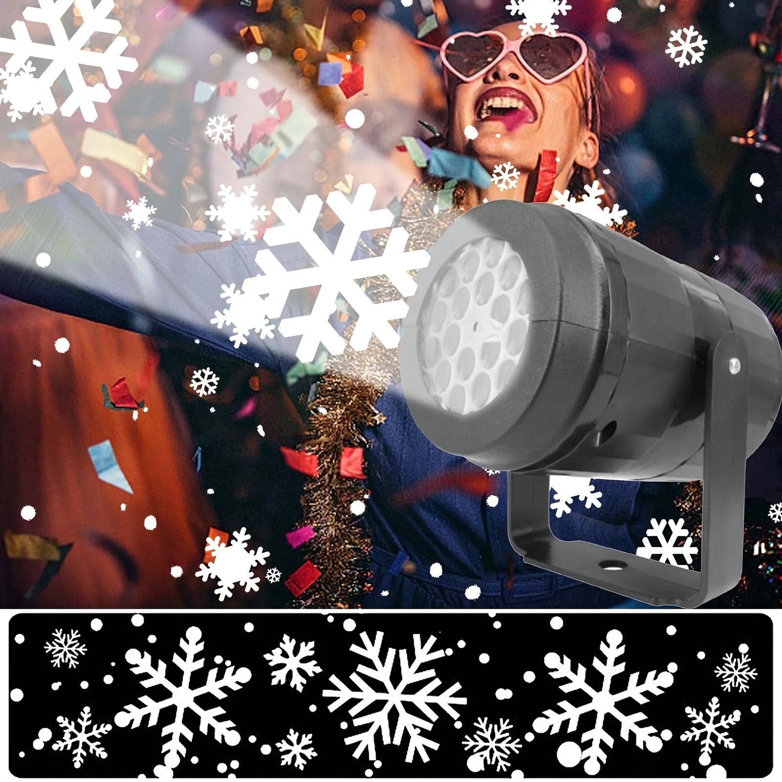 Snowflake projector with a person celebrating in the background