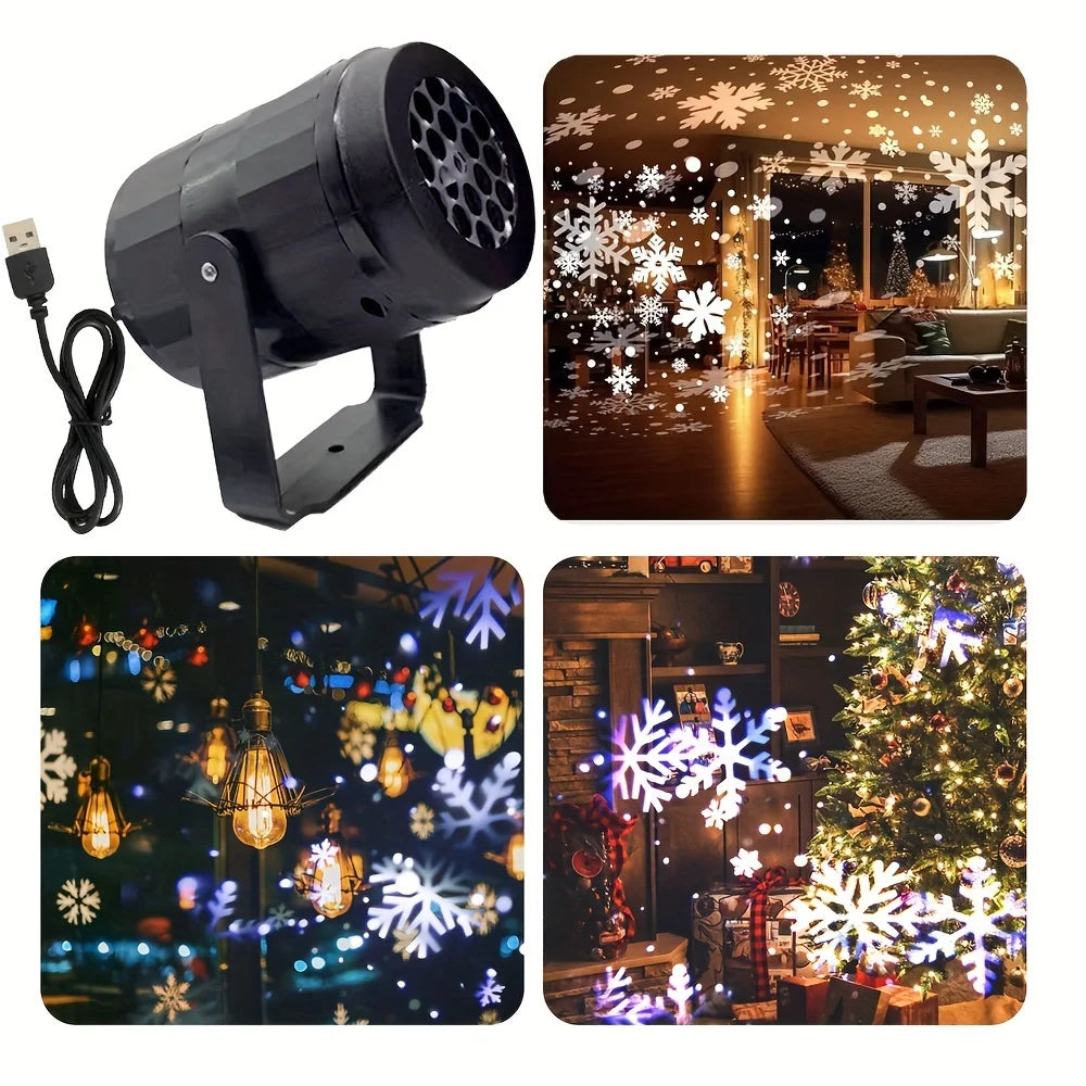 Black light projector with USB cable, used to create festive indoor lighting effects.