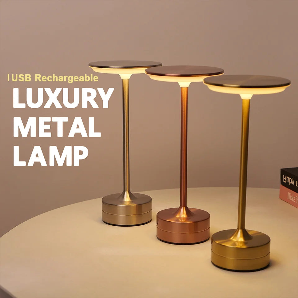 Three USB rechargeable luxury metal lamps on a neutral background with text overlay.