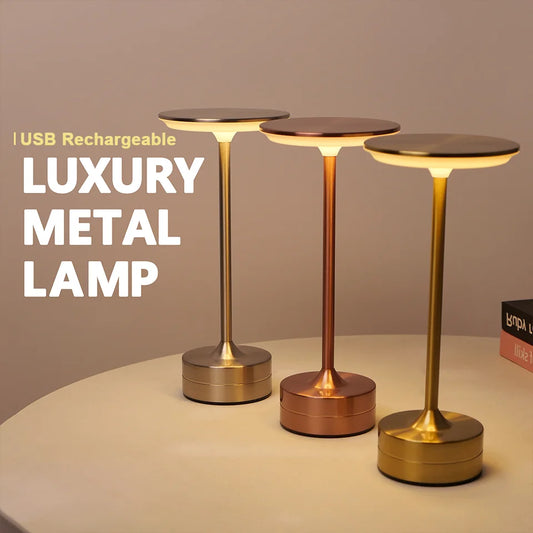 Three USB rechargeable luxury metal lamps on a neutral background with text overlay.
