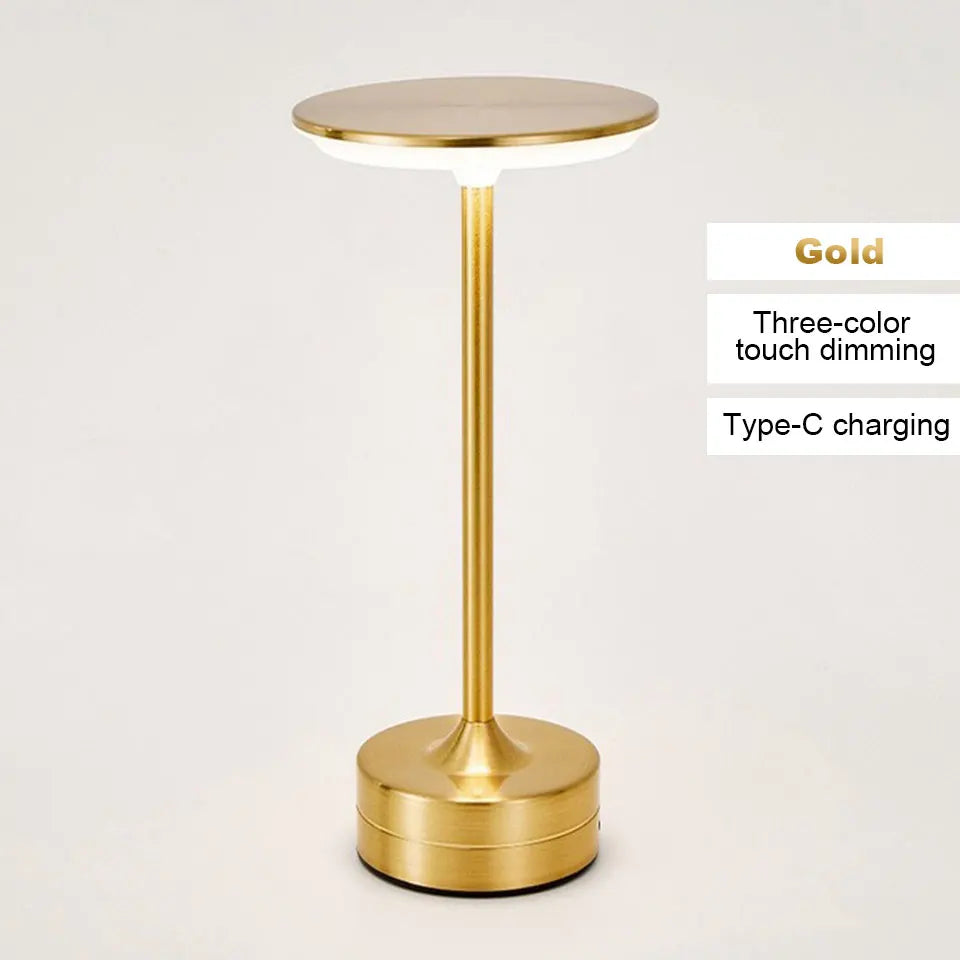 Gold side table with three-color touch dimming and Type-C charging on a white background