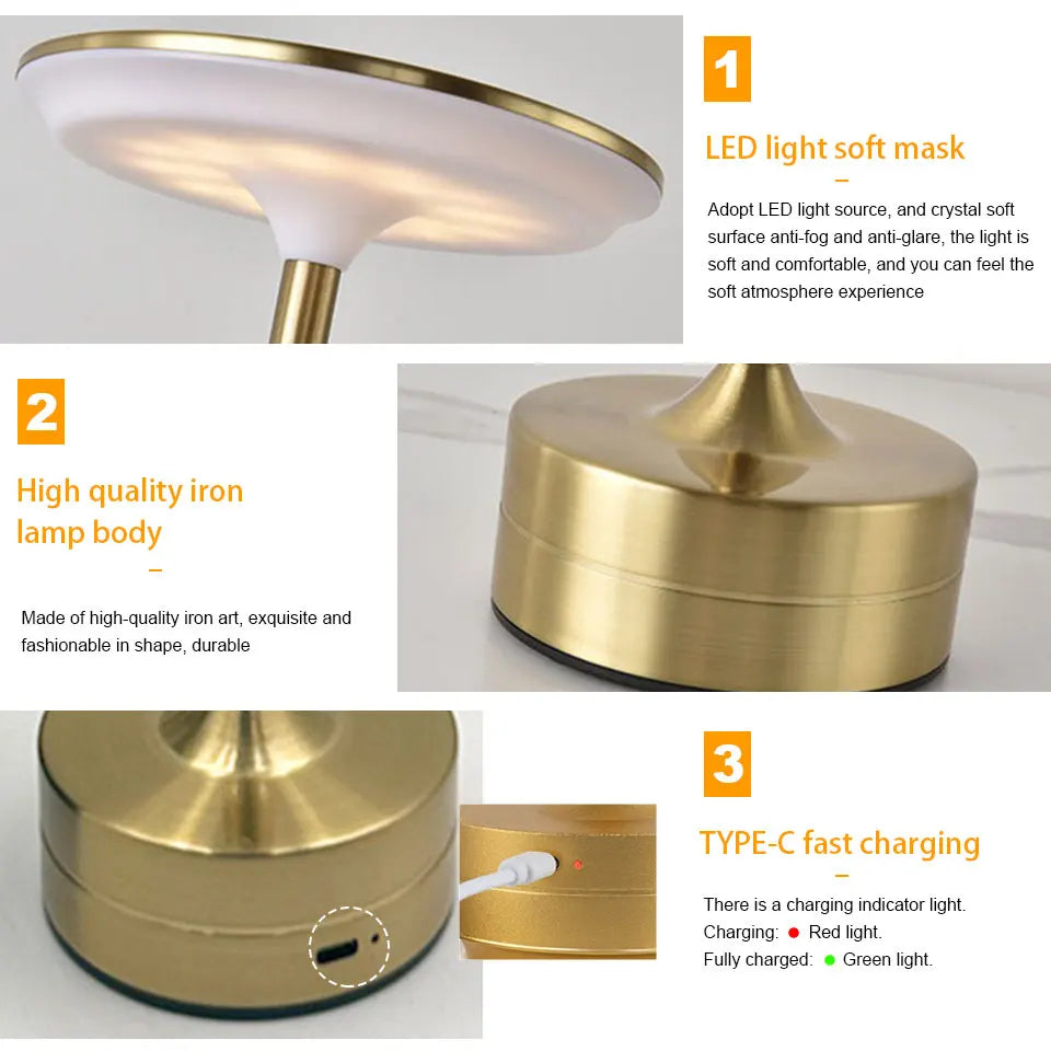 Gold lamp with LED light soft mask and TYPE-C fast charging feature on a white background