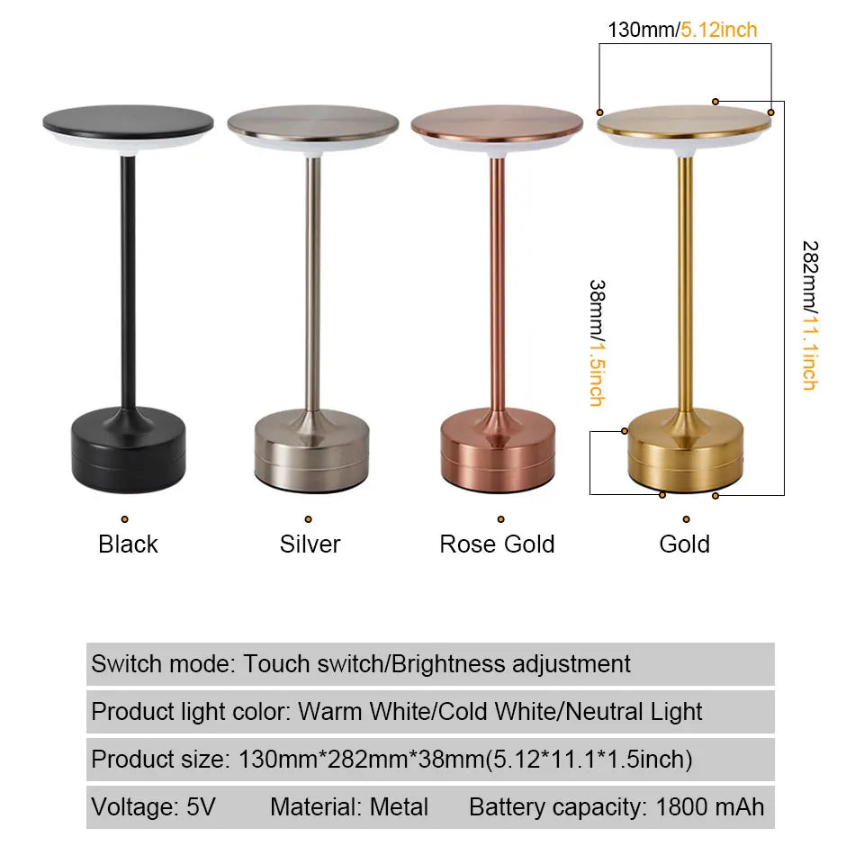 Four cylindrical lamps in black, silver, rose gold, and gold with measurements and color options.
