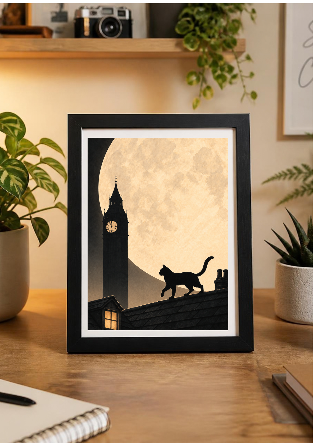 A framed art print displayed on a wooden desk in a cozy room setting. The print features a black silhouette of a cat walking along a roof next to big ben under a large cream-colored full moon.