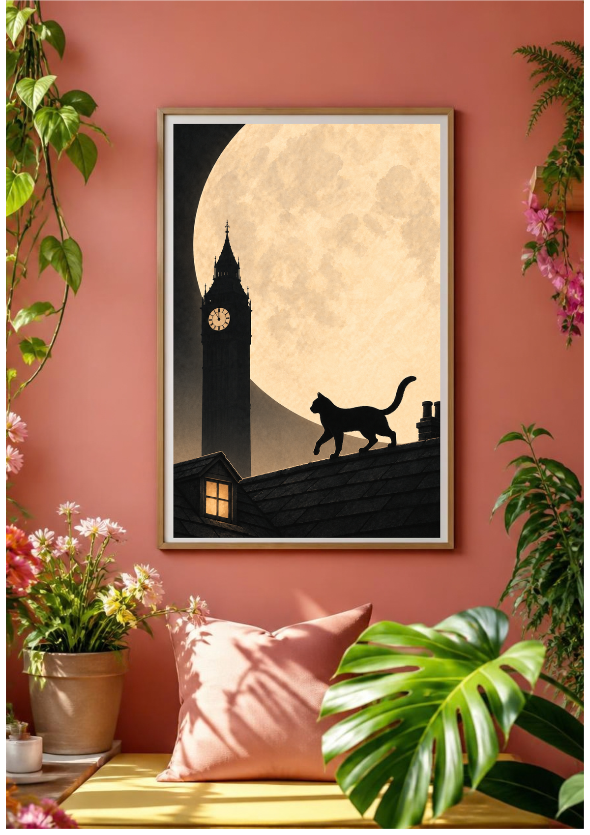 A framed art print featuring a black cat silhouette walking on a roof against a large cream-colored moon and big ben, displayed on a terracotta wall above a yellow bench with pink pillows and green plants.