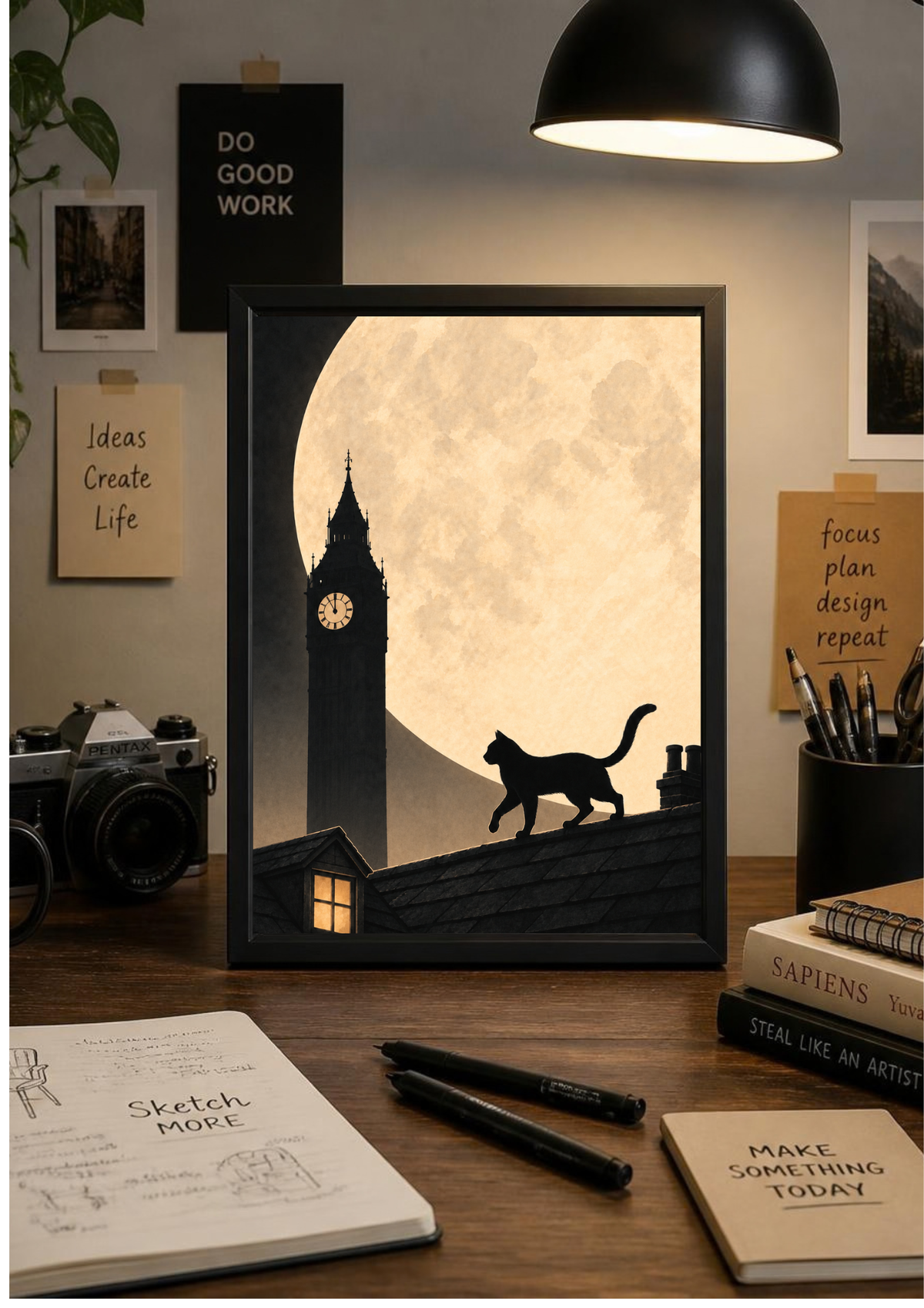 A framed art print featuring a black silhouette of a cat walking along a roofline in front of a large cream-colored full moon and big ben, displayed on a wooden desk surrounded by study and art props.