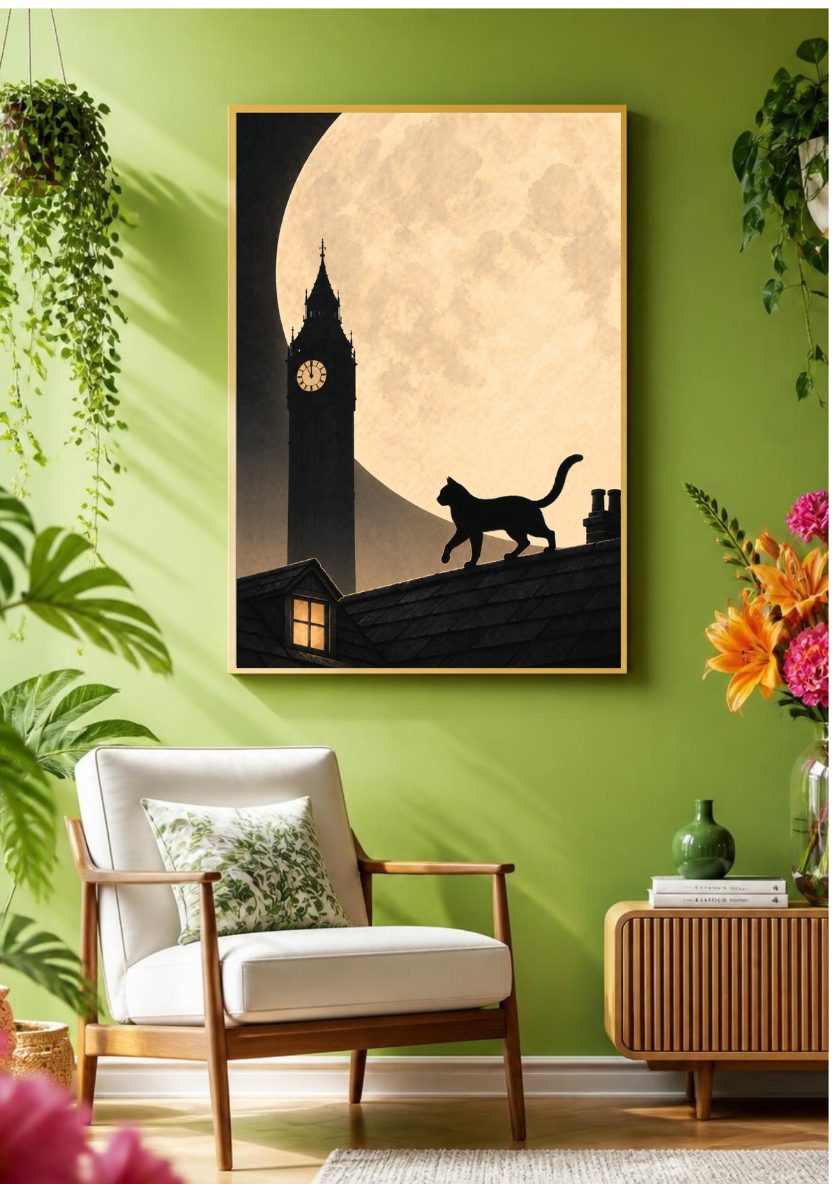 A framed vertical art print depicting a silhouette of a cat walking on a roof against a large full moon and big ben, displayed on a green wall in a styled living room setting.