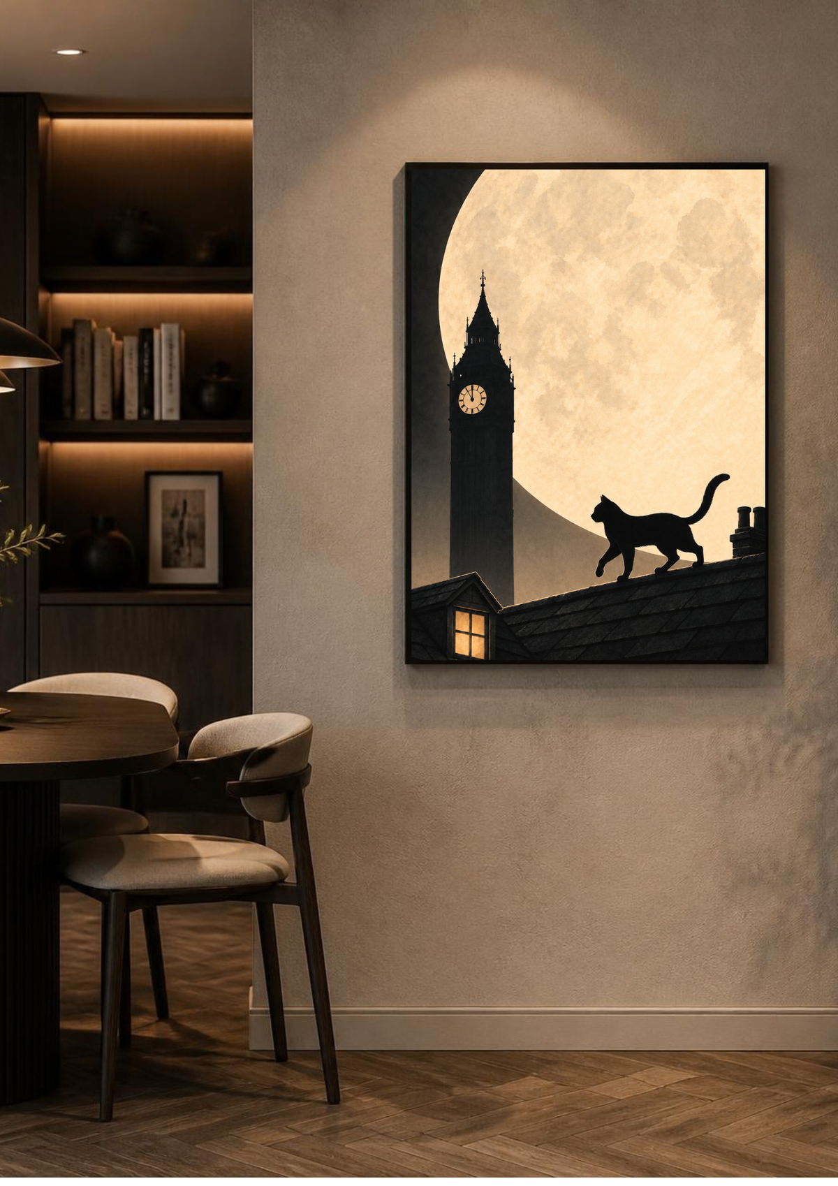 A framed vertical canvas print hanging on a beige wall in a modern dining room. The artwork depicts a black silhouette of a cat walking along a house roof against a large cream-colored full moon and big ben.