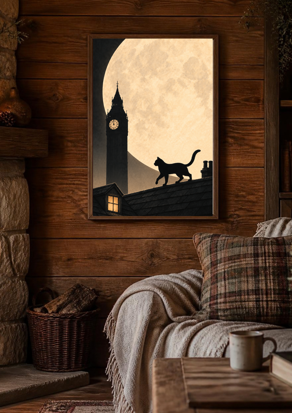 A framed vertical art print depicting a black cat silhouette walking on a roof against a large cream-colored moon and big ben, displayed on a rustic wooden wall above a cozy sofa in a living room setting.