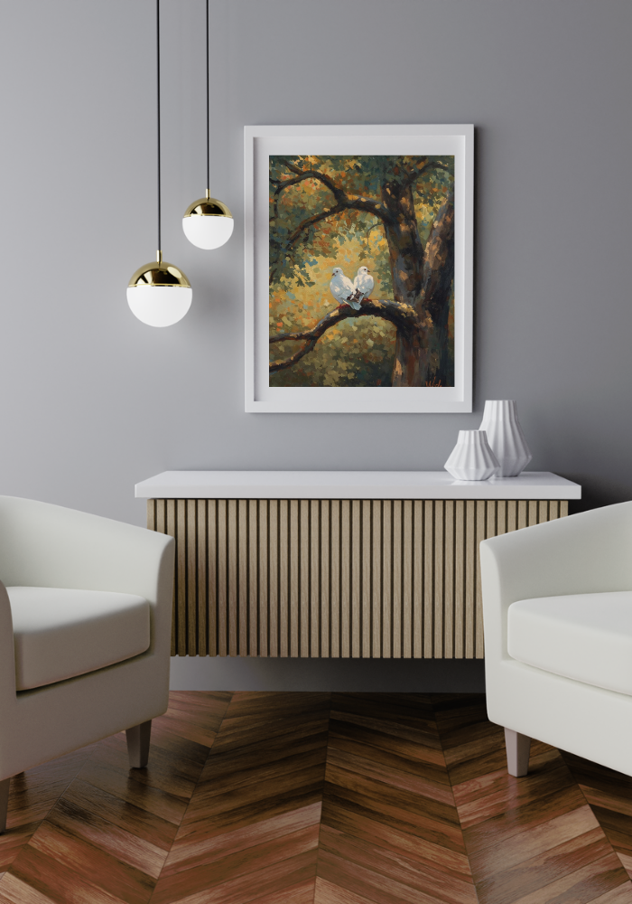Modern interior with a painting of two birds on a branch, white chairs, and a decorative console.