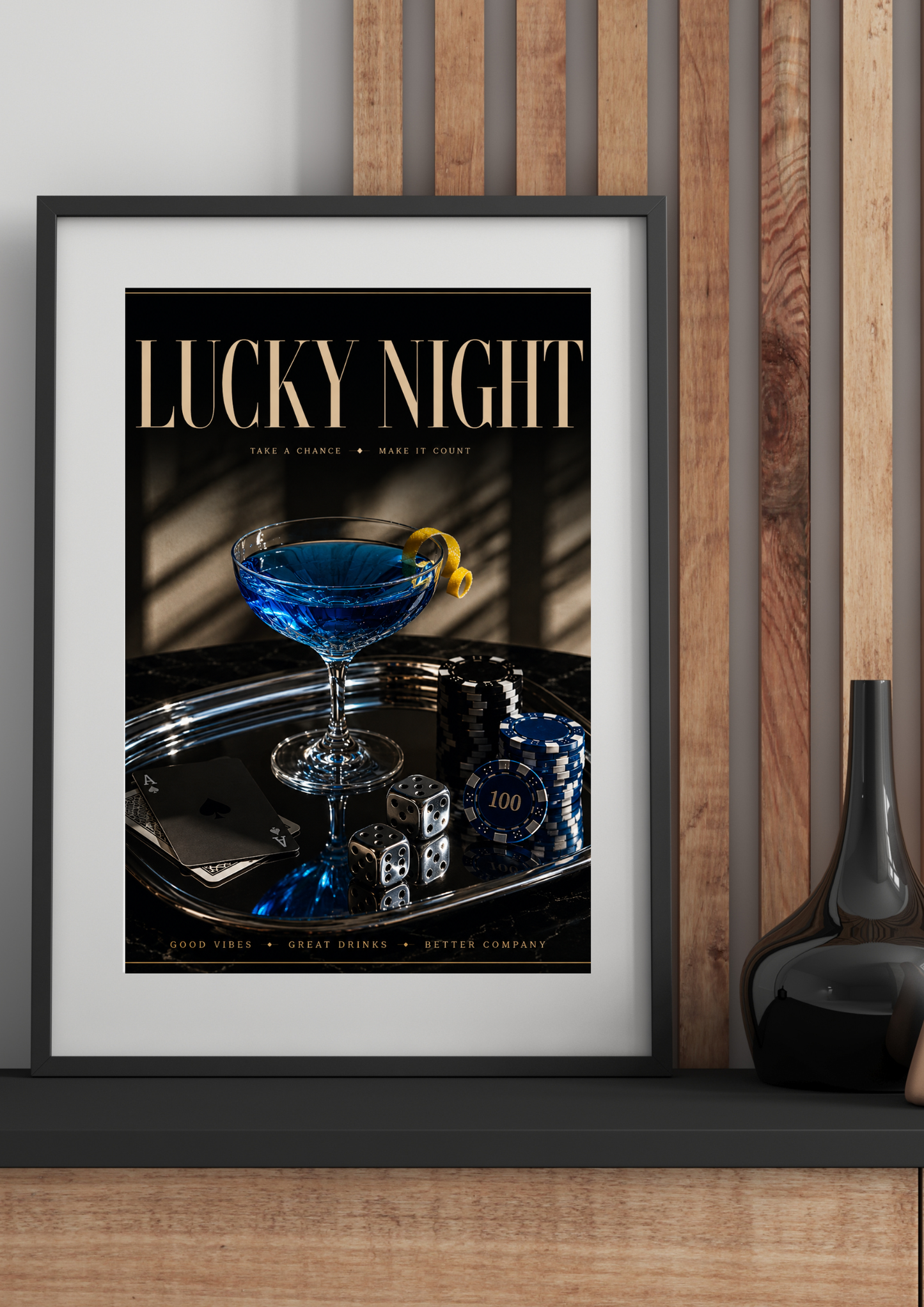 LUCKY NIGHT casino-inspired cocktail poster displayed in warm modern living room with wood accents