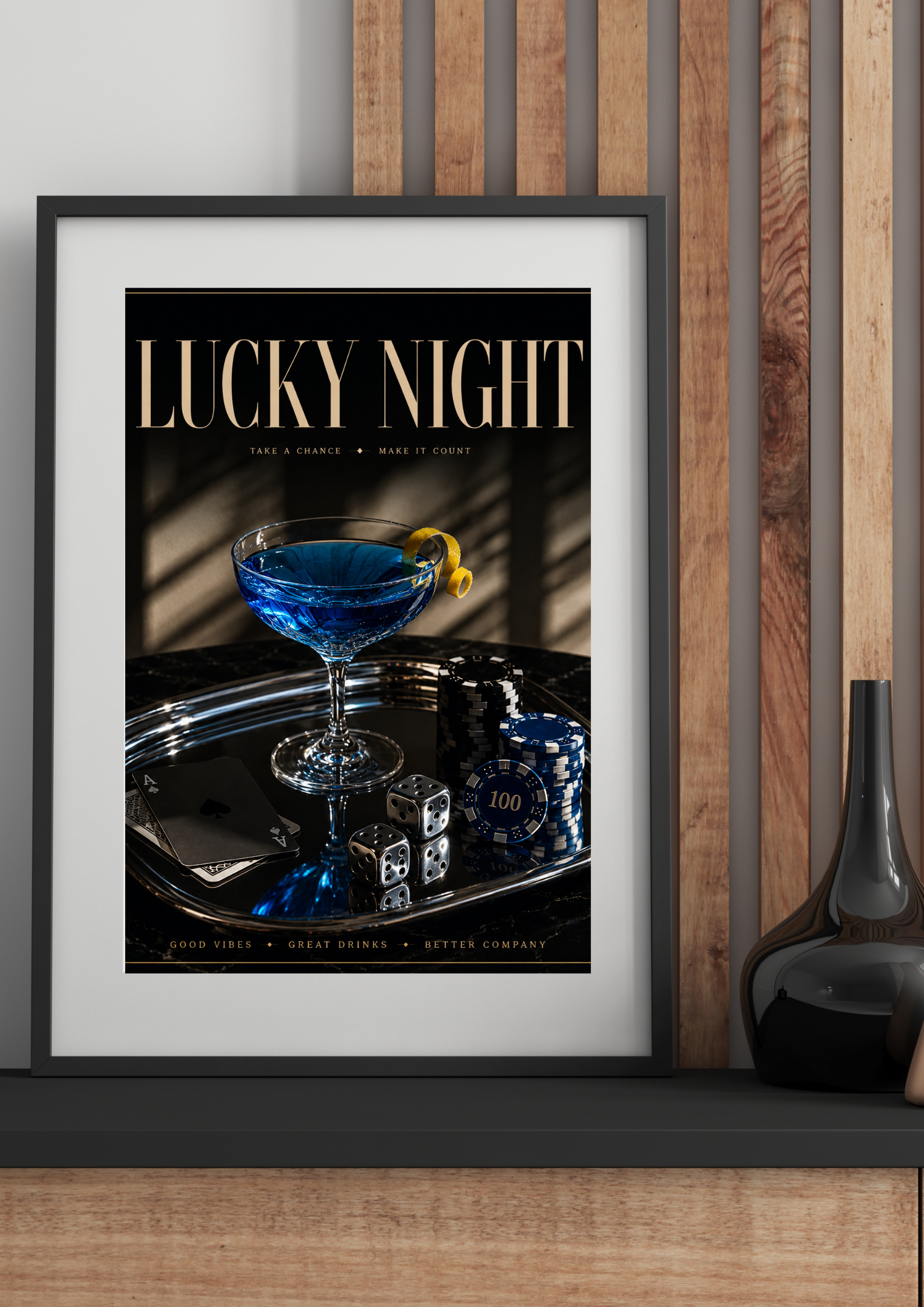 LUCKY NIGHT casino-inspired cocktail poster displayed in warm modern living room with wood accents