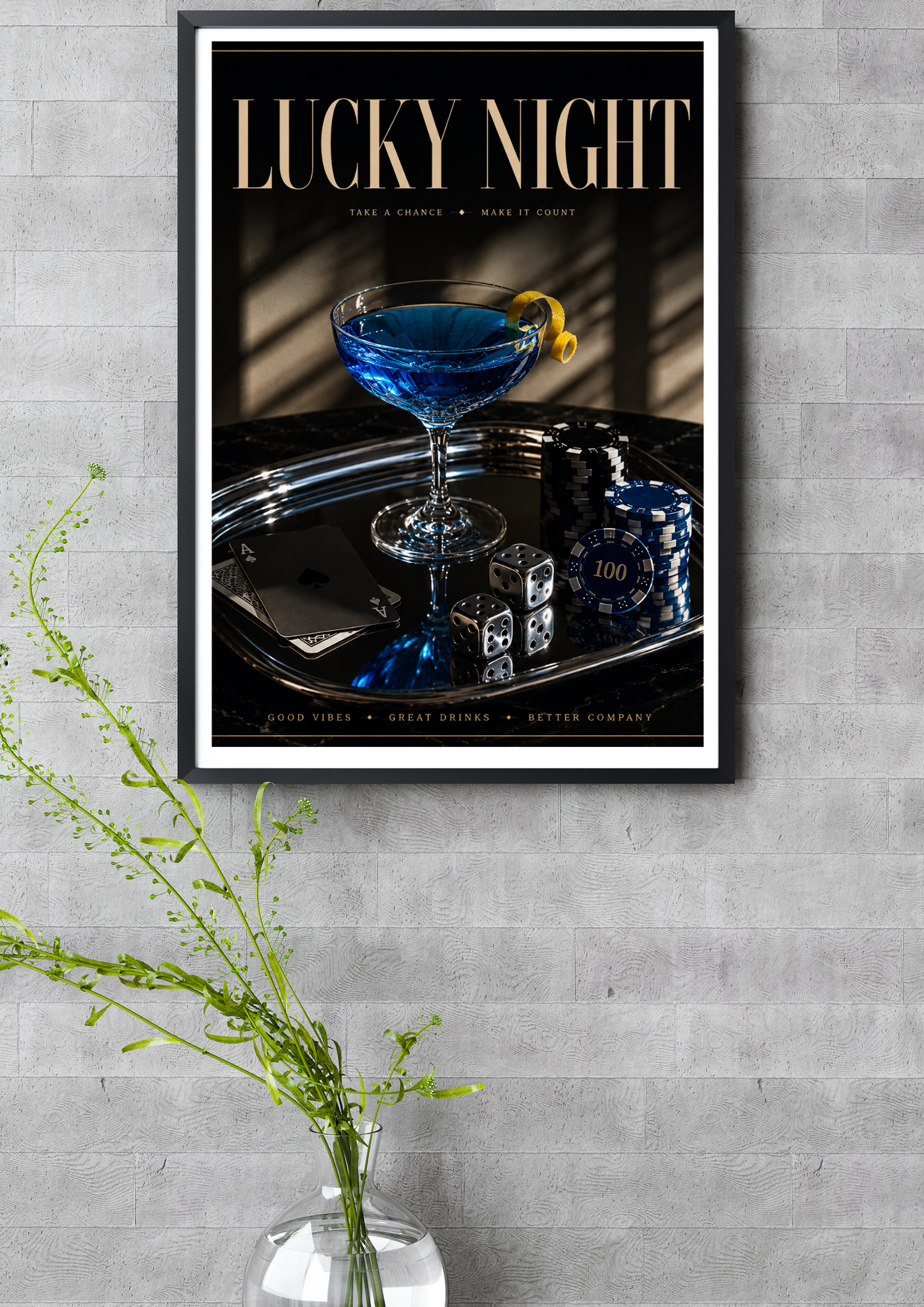 LUCKY NIGHT blue cocktail poster styled in modern luxury interior with moody cinematic lighting and contemporary decor