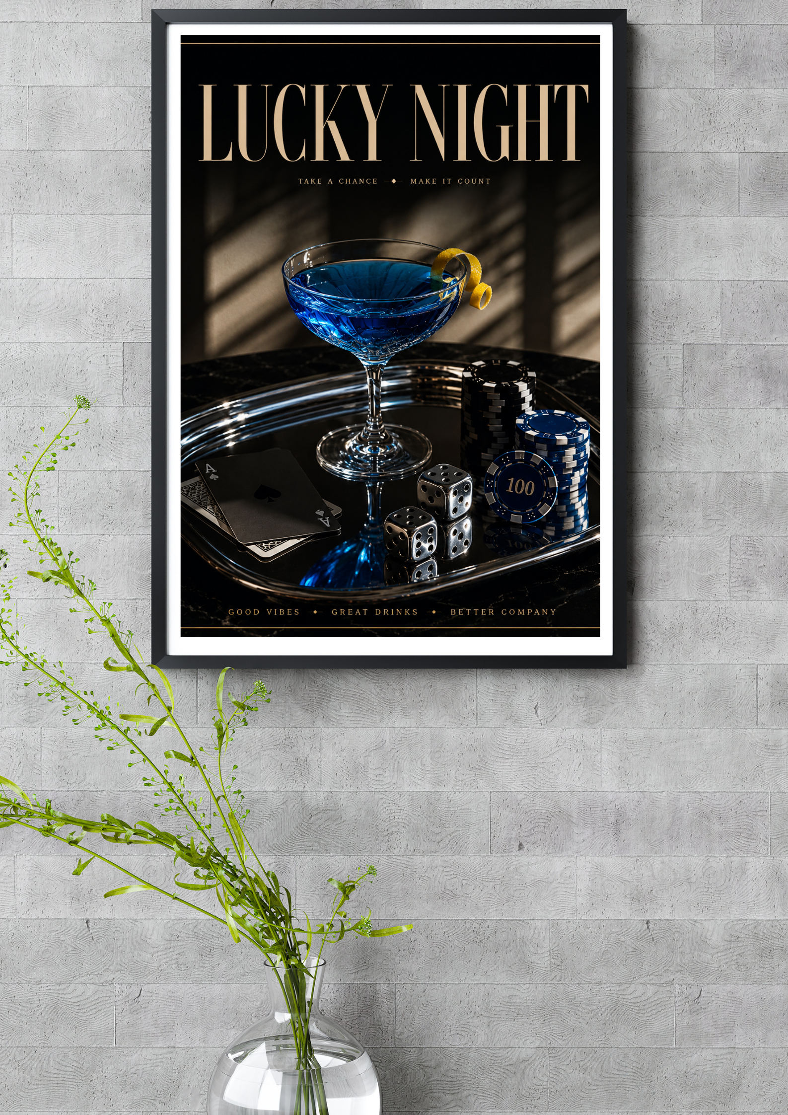 LUCKY NIGHT blue cocktail poster styled in modern luxury interior with moody cinematic lighting and contemporary decor