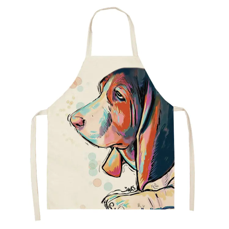 Apron with a colorful dog illustration on a white background