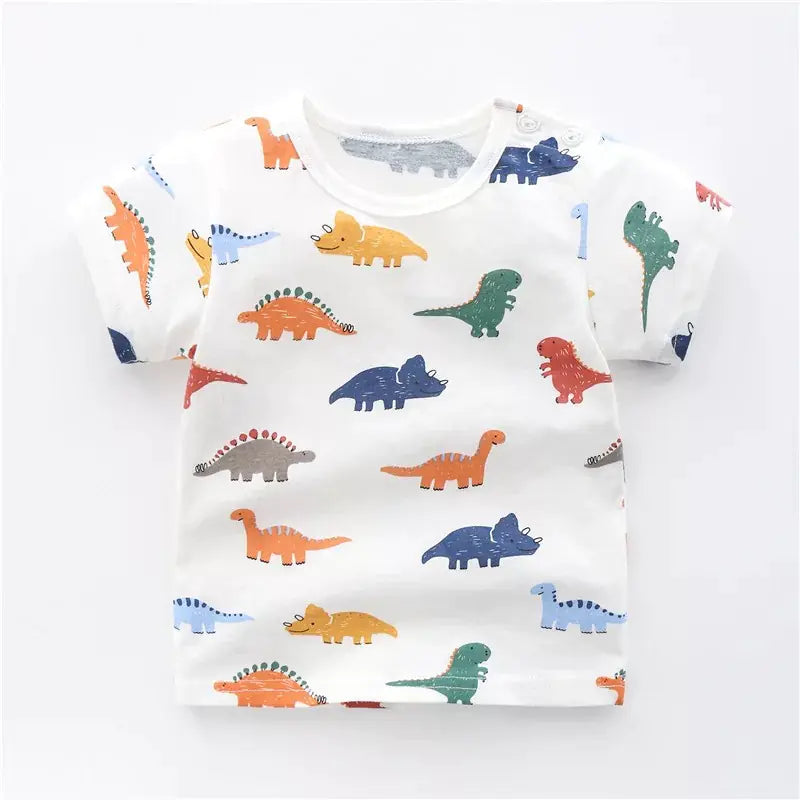 White t-shirt with colorful dinosaur pattern on a white background