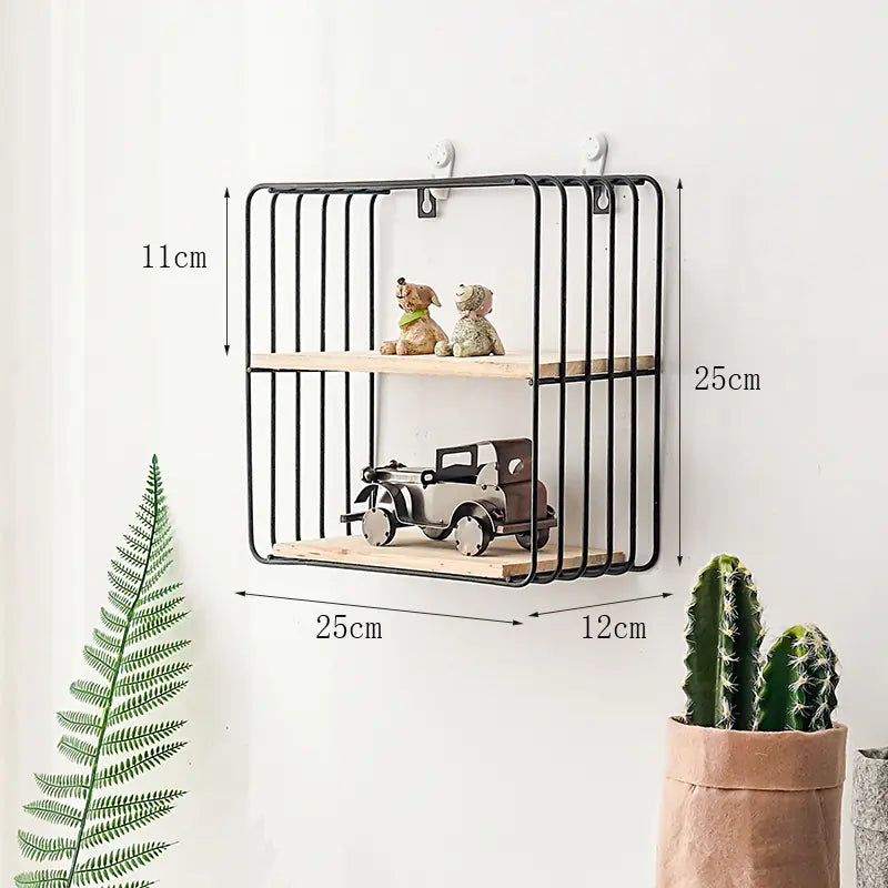 Wall-mounted metal shelf with wooden shelves holding small toys, measurements indicated, on a white background.