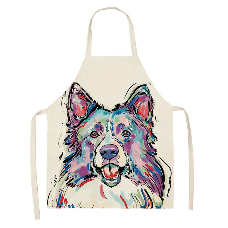 Apron with a colorful dog illustration on a white background