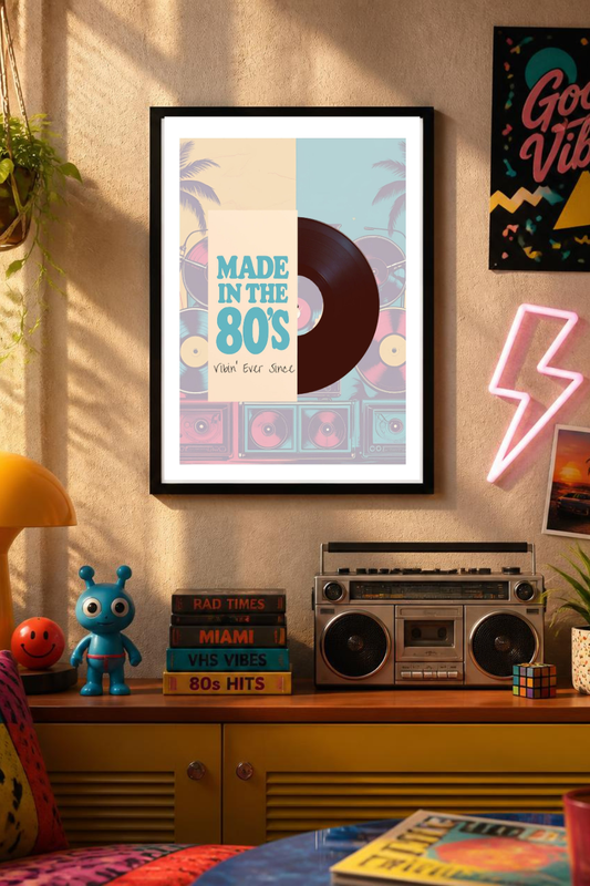 Made in the 80s retro music poster displayed in a colourful room with a vintage boombox, neon lightning sign, retro décor and vibrant 1980s-inspired styling.