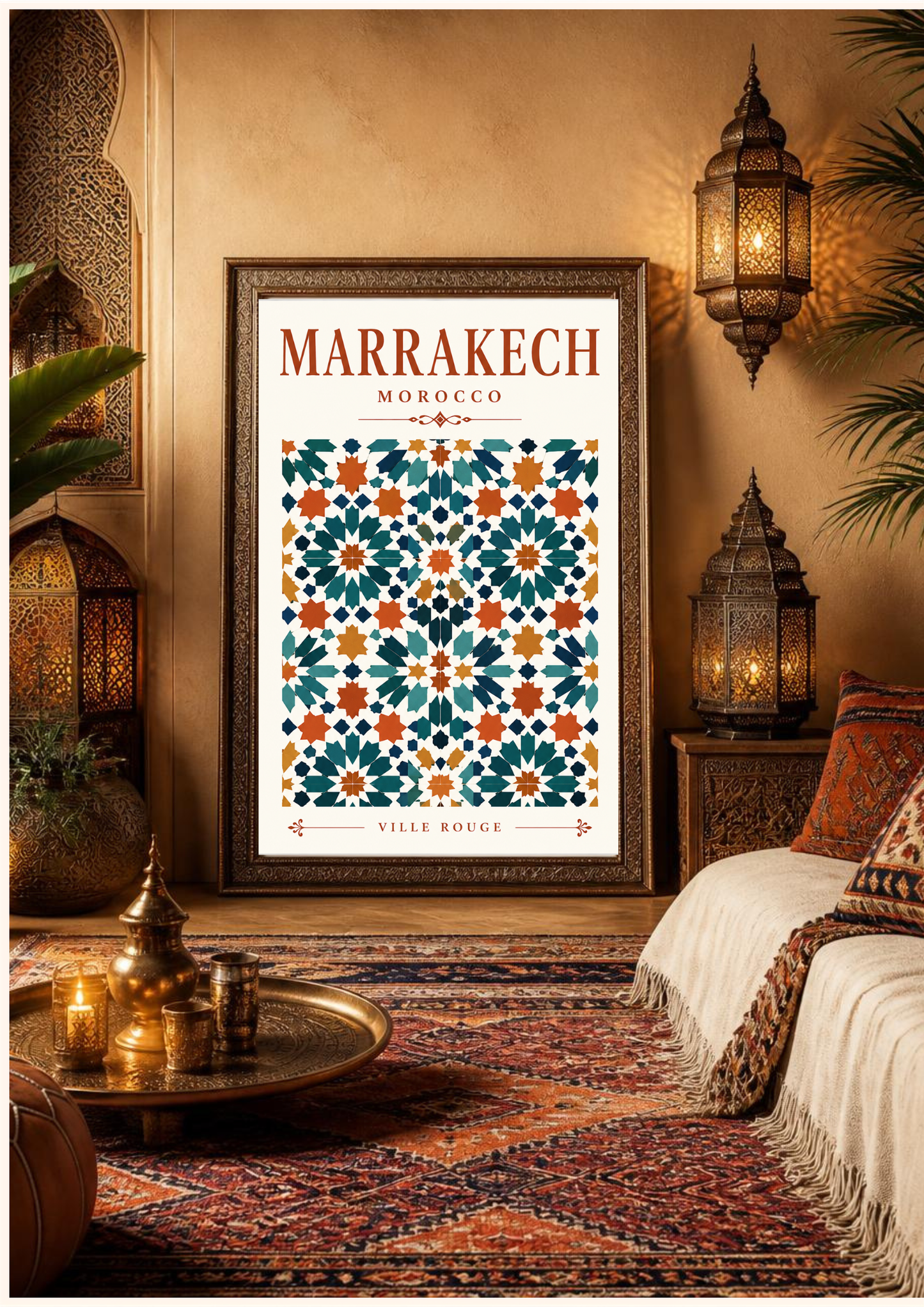 Marrakech travel poster displayed in a warm Moroccan-inspired bedroom with lanterns, patterned textiles and earthy décor.