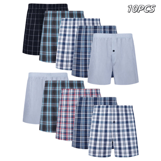 Set of 10 plaid and checkered boxer shorts on a white background