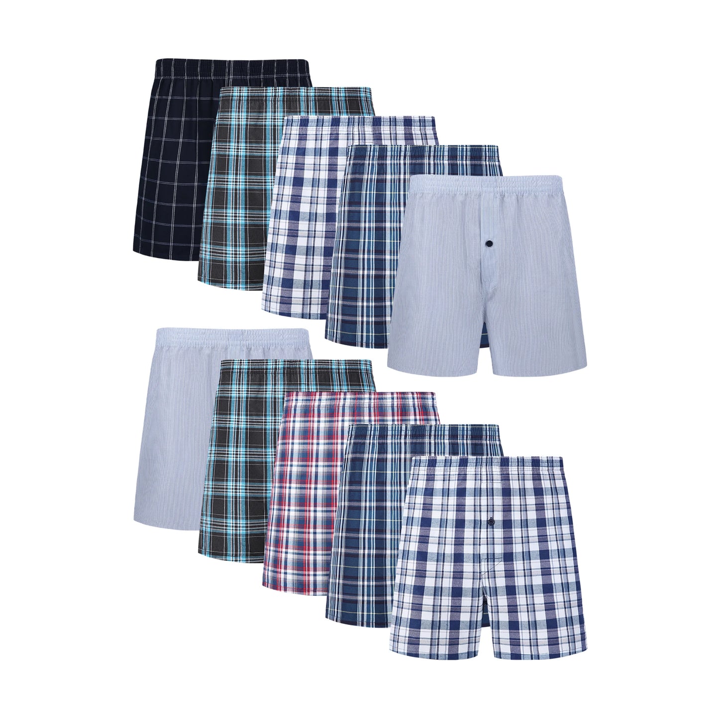 Set of plaid boxer shorts in various patterns on a white background