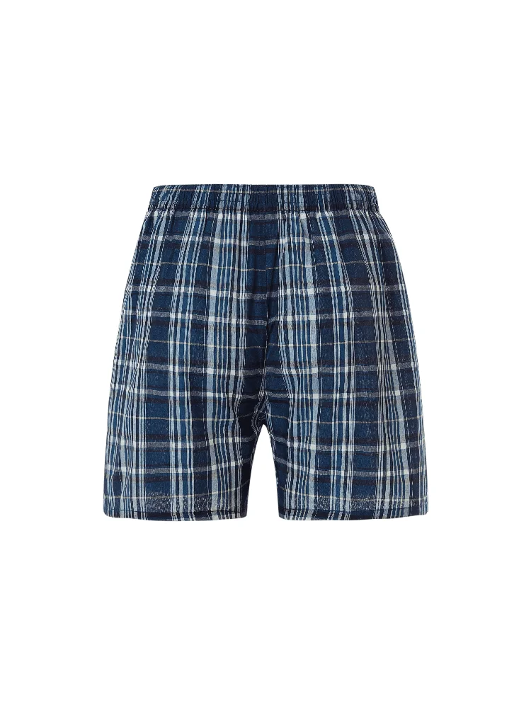 Blue and white plaid shorts on a white background