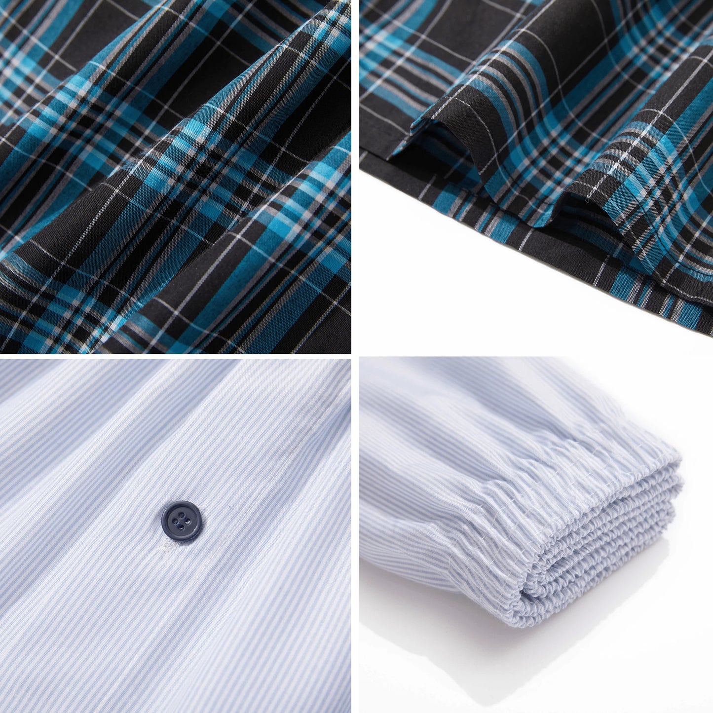 Collage of plaid fabric, folded shirt, and buttoned shirt on a white background