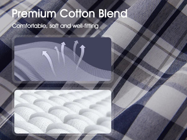 Textured fabric with 'Premium Cotton Blend' label and close-up of fibers.