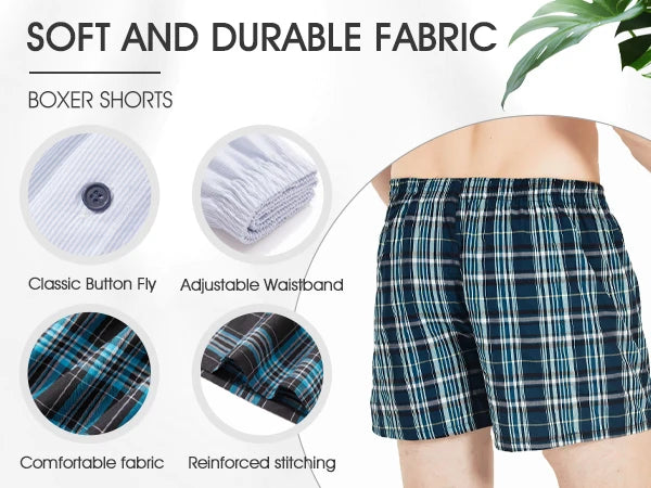 Plaid boxer shorts with fabric details and text highlighting features.