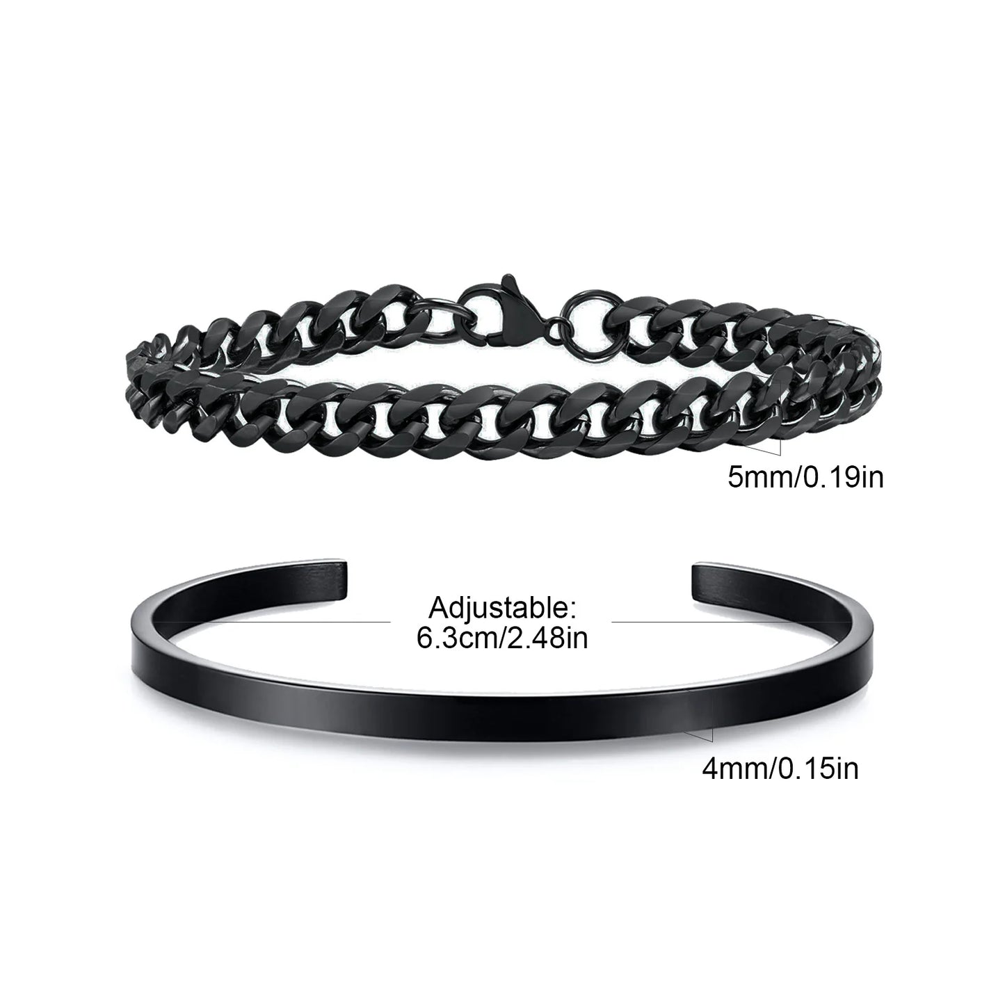 Black chain bracelet and adjustable black band with measurements on a white background
