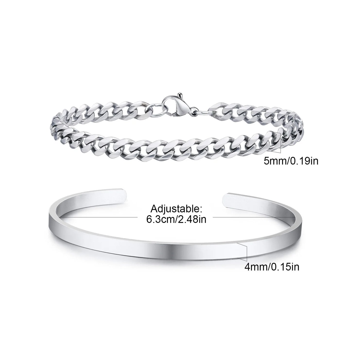Silver chain bracelet and adjustable band on a white background