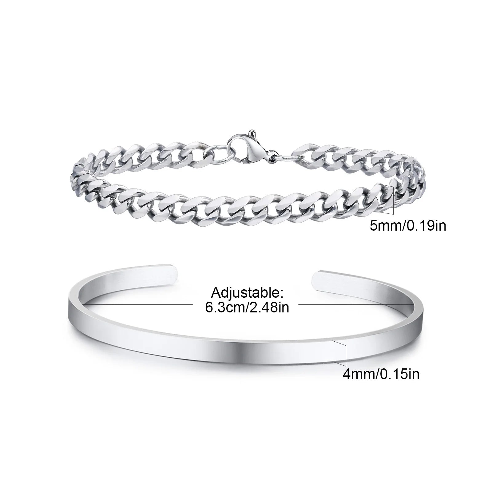 Silver chain bracelet and adjustable band on a white background