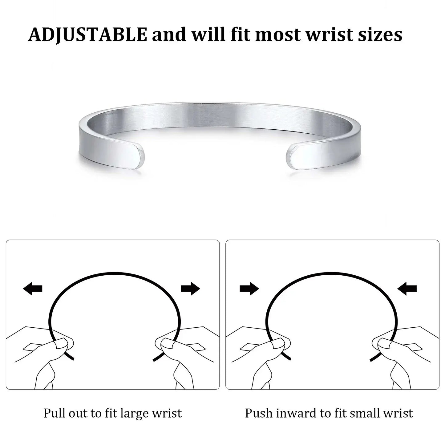 Silver adjustable bracelet with instructions on how to fit different wrist sizes.