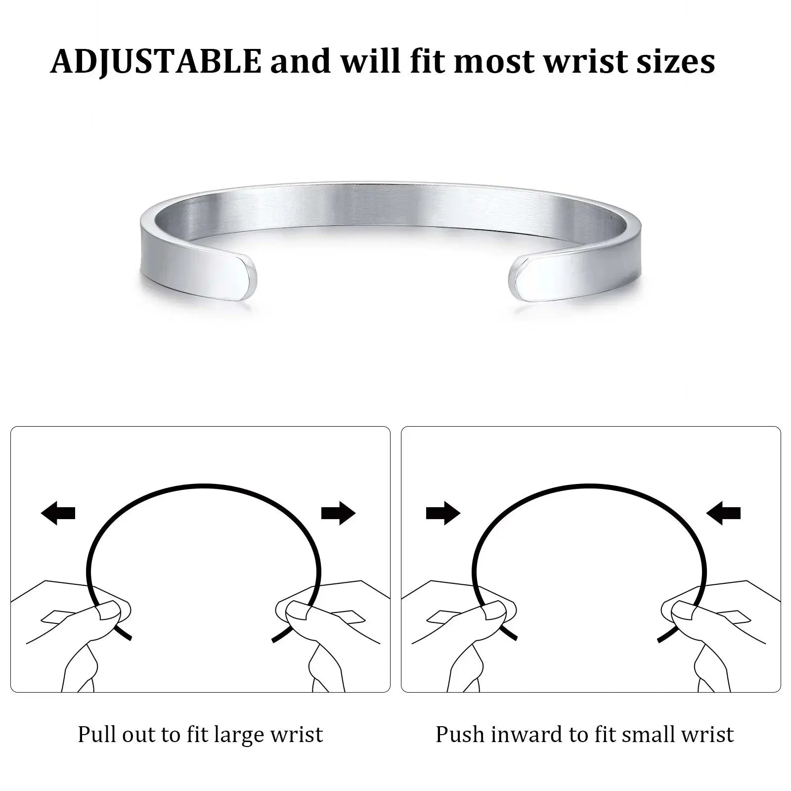Silver adjustable bracelet with instructions on how to fit different wrist sizes.