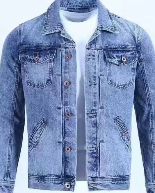 Blue denim jacket on a white background