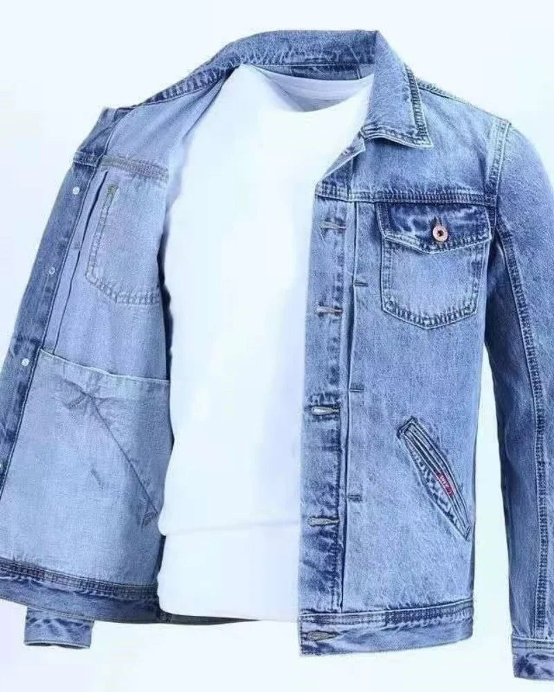 Men’s Classic Denim Jacket – vintage blue denim outerwear on hanger.