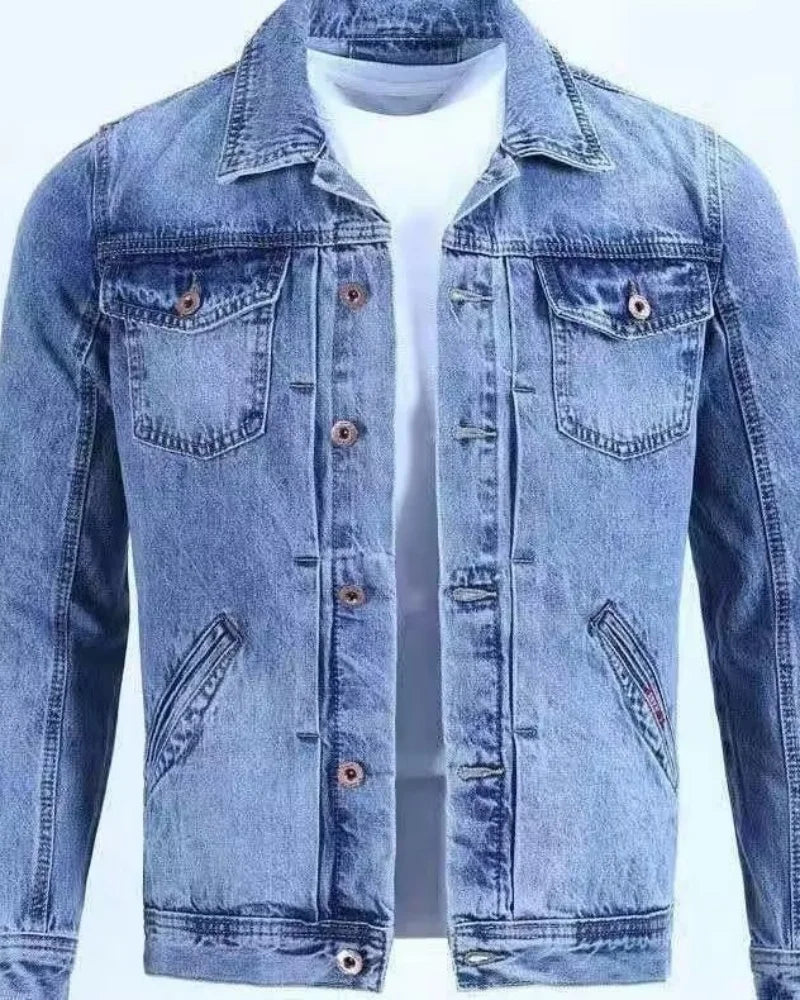 Blue denim jacket on a white background