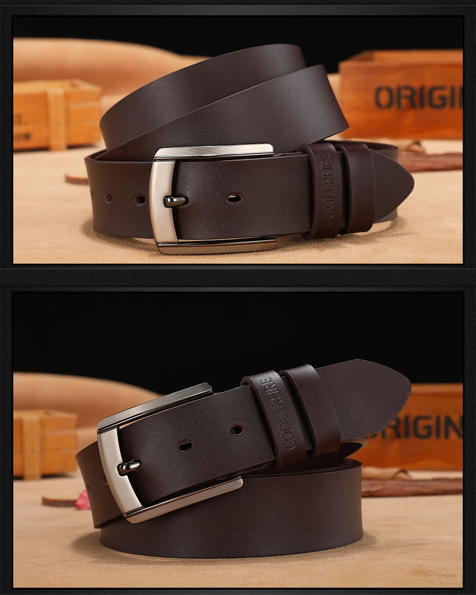 Brown leather belt with silver buckle on a wooden surface