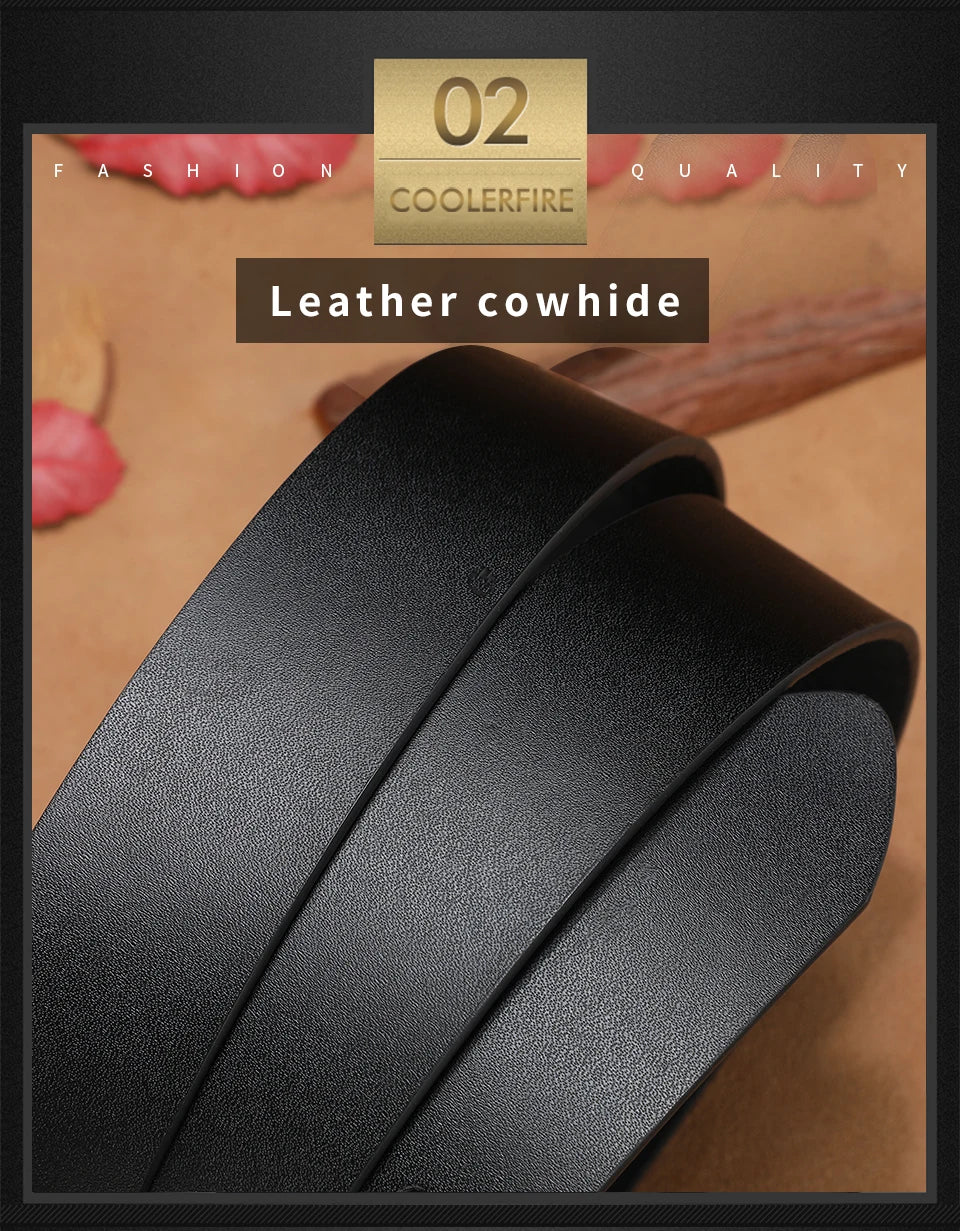 Close-up of black leather cowhide with 'Coolerfire' branding and text on a wooden surface.