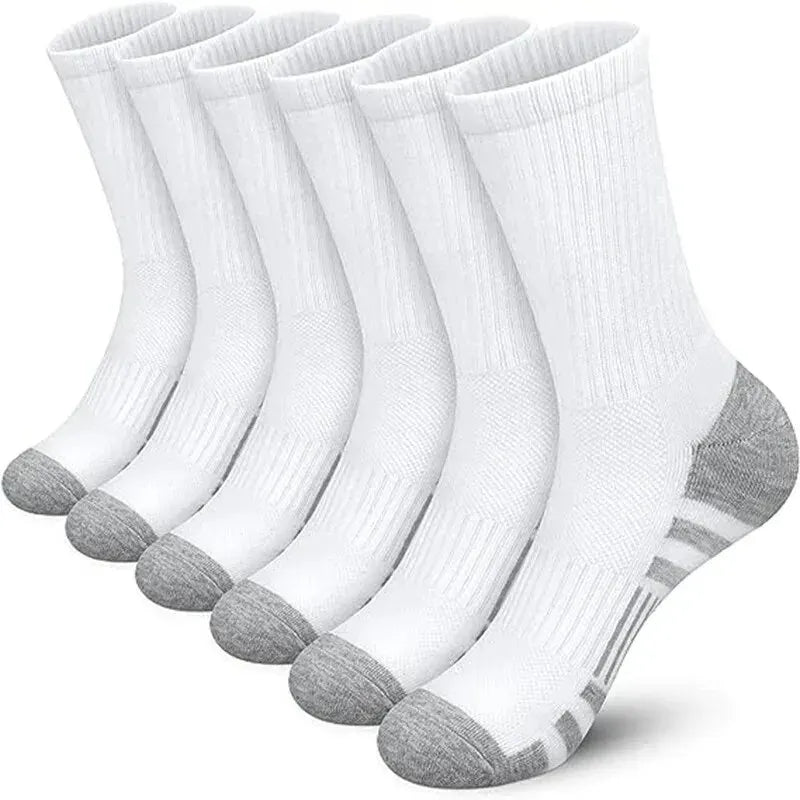 Set of five white socks with gray accents on a white background