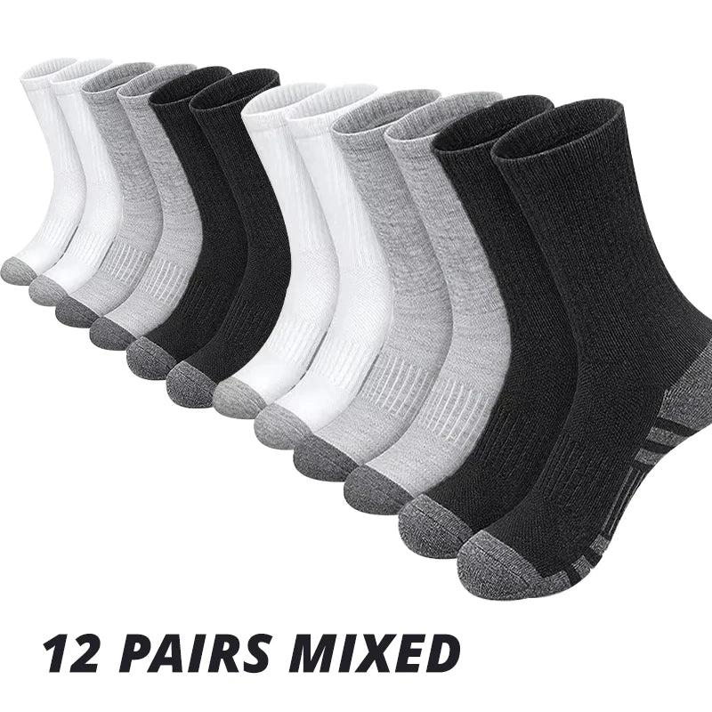 12 pairs of mixed black, gray, and white socks on a white background