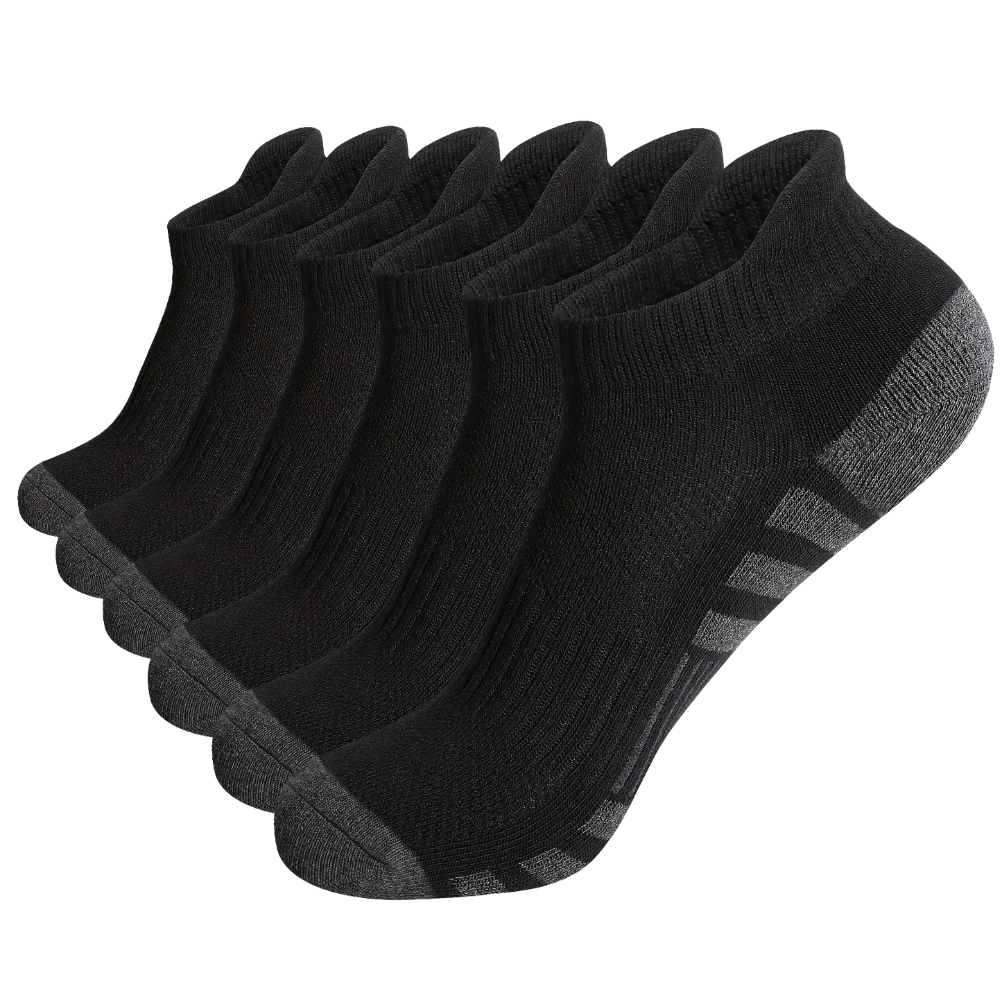 Set of six black ankle socks on a white background