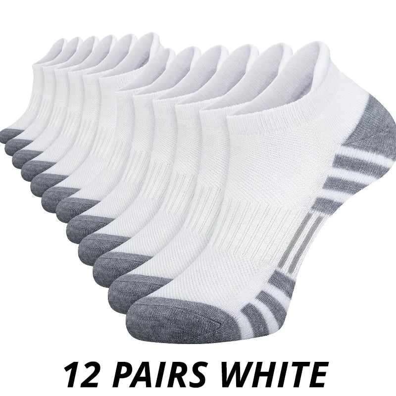 12 pairs of white socks with gray toes and heels on a white background