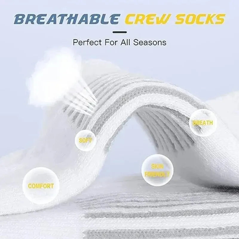 Gray breathable crew socks with text on a light gray background