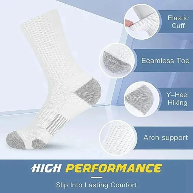 White sock with gray accents on a blue background, highlighting features like elastic cuff, seamless toe, Y-heel, and arch support.