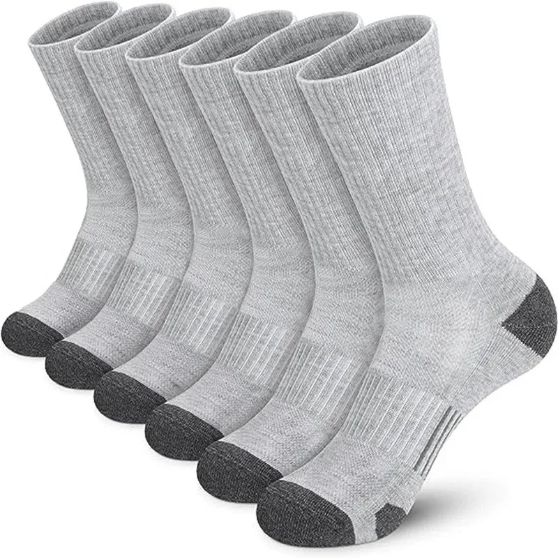 Set of six gray socks with black toes and heels on a white background