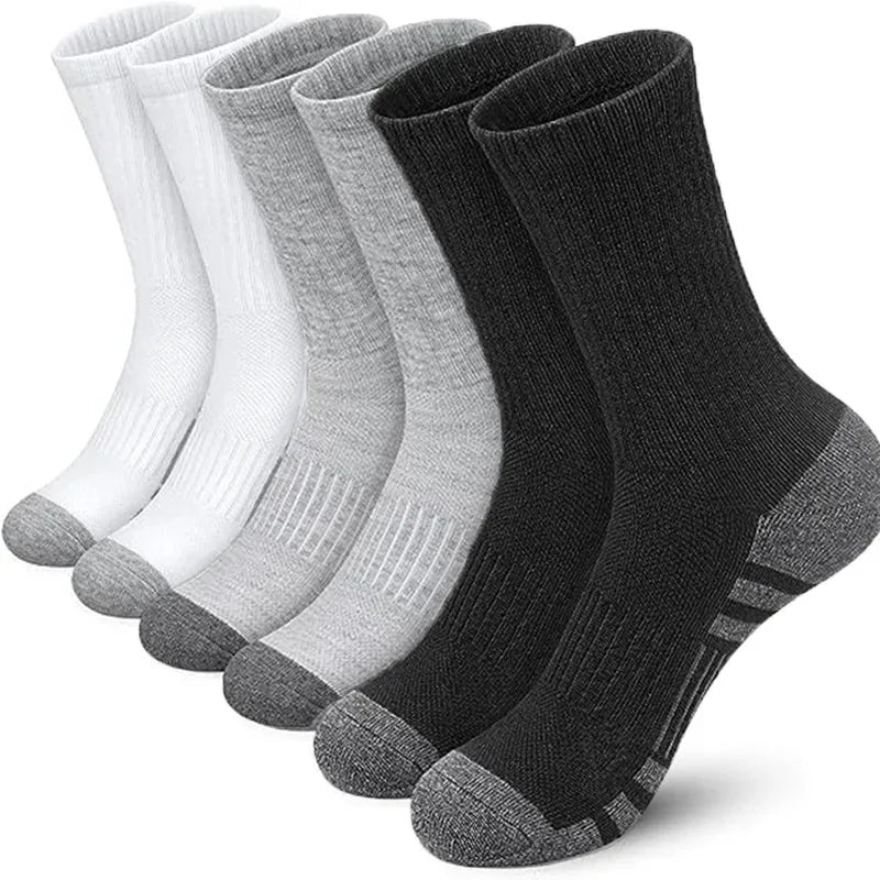 Set of six pairs of socks in white, gray, and black on a white background