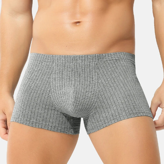 Men’s pure cotton boxer briefs in striped grey design, assorted colours.