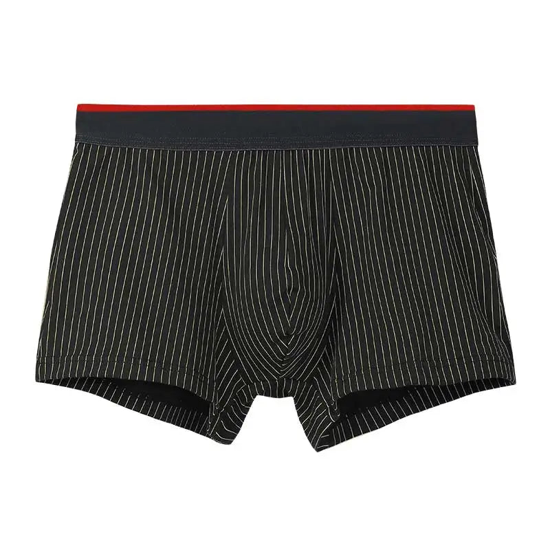 Black pinstripe boxer briefs with red waistband on a white background